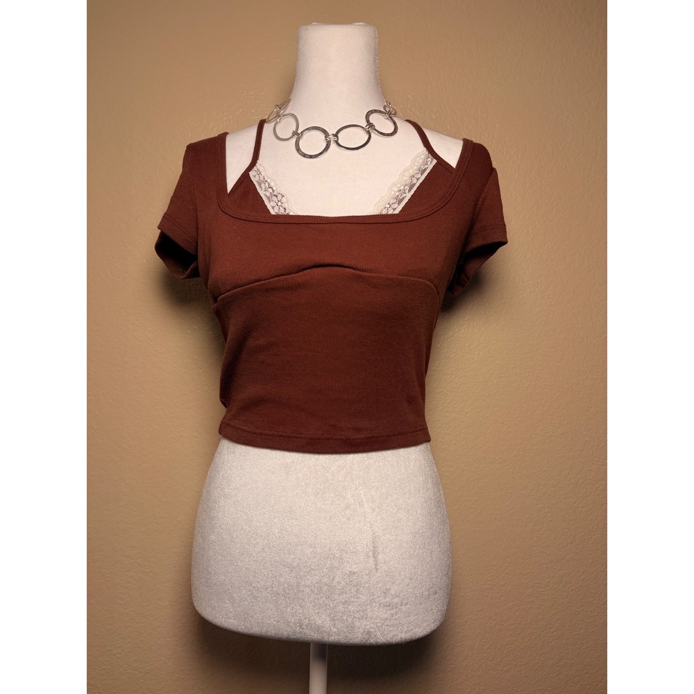 Y2K RSQ Women Rust Brown Ribbed Lace Trim Cami Layered Crop Top Small #9